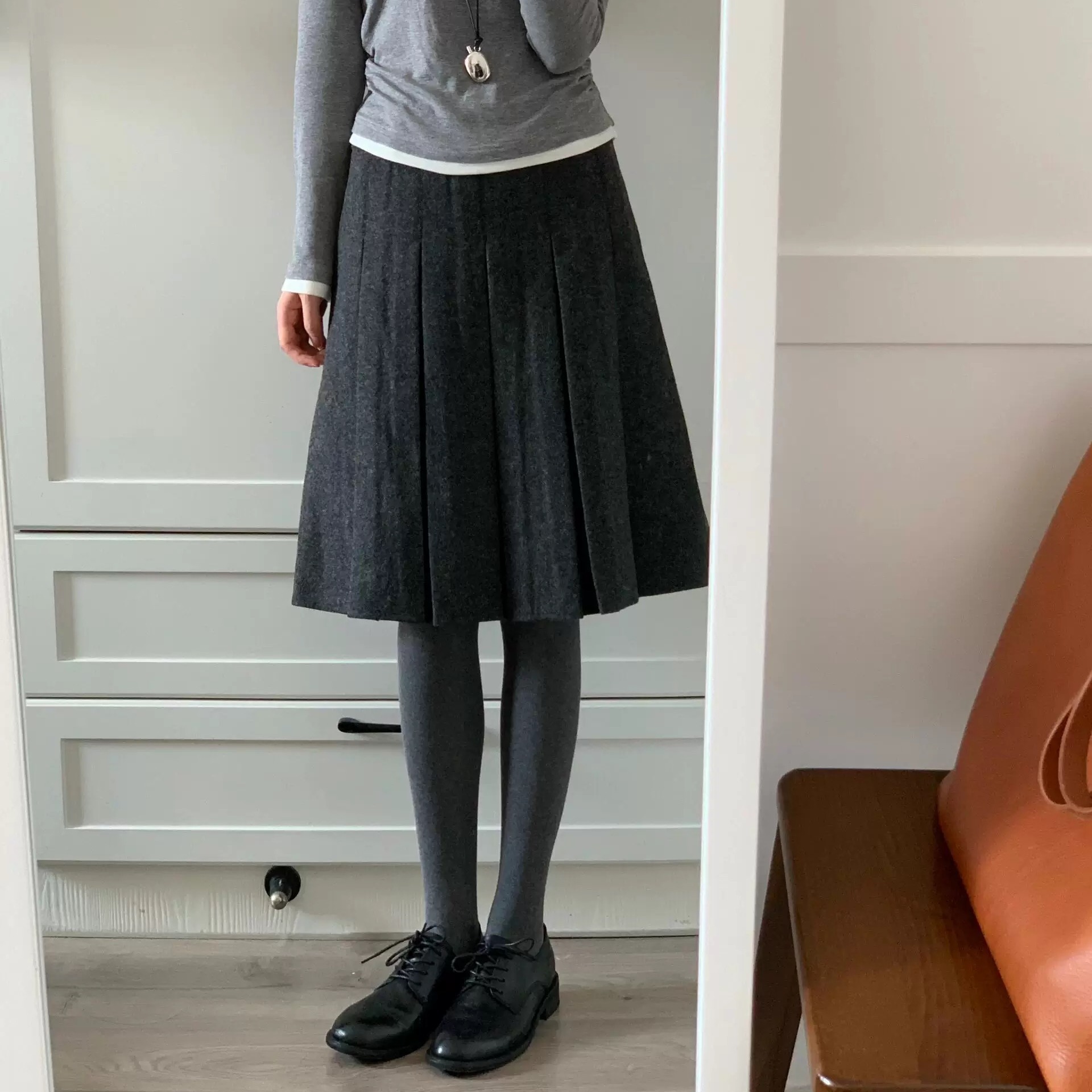 復古重工壓褶顯瘦高腰毛呢A字半身裙