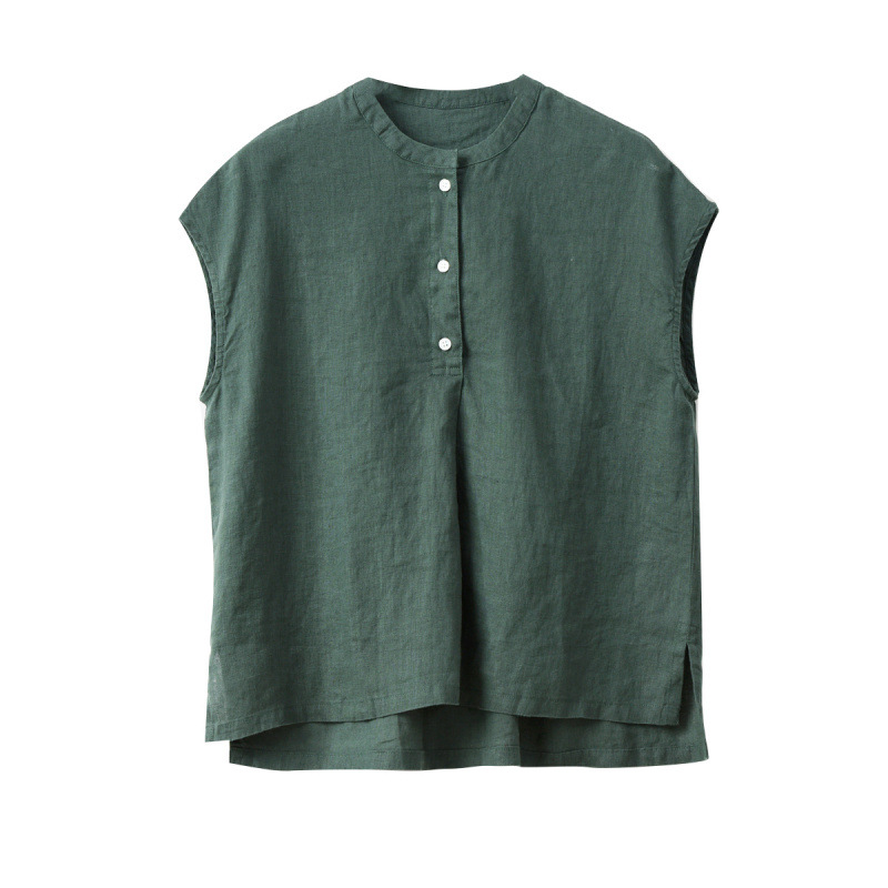 日系通勤棉麻落肩立領顯瘦無袖襯衫-HaloBless