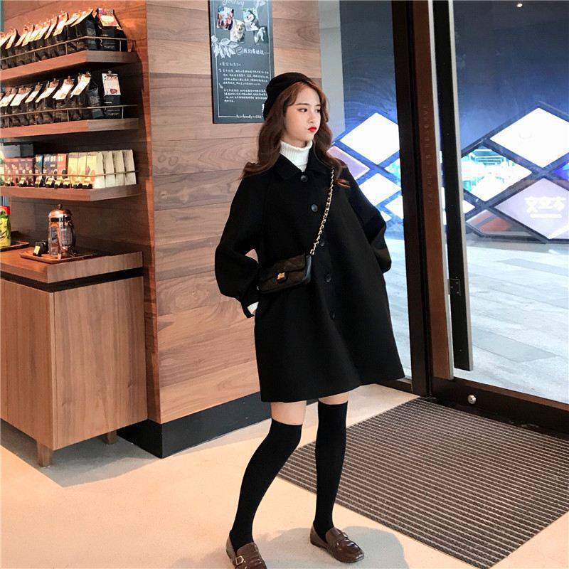 韓版寬鬆百搭中長款毛呢外套
