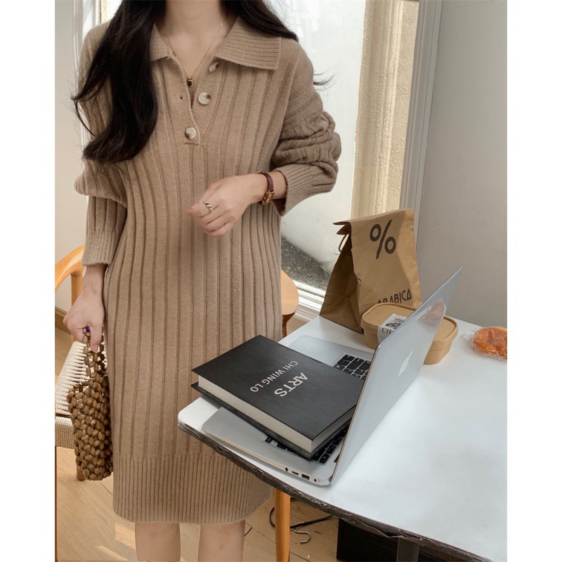 翻領寬鬆長袖內搭中長款打底過膝針織連身裙-HaloBless