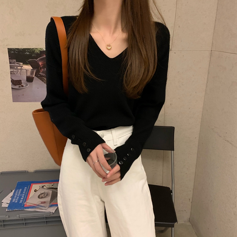 韓版寬鬆v領毛衣長袖套頭針織衫-HaloBless