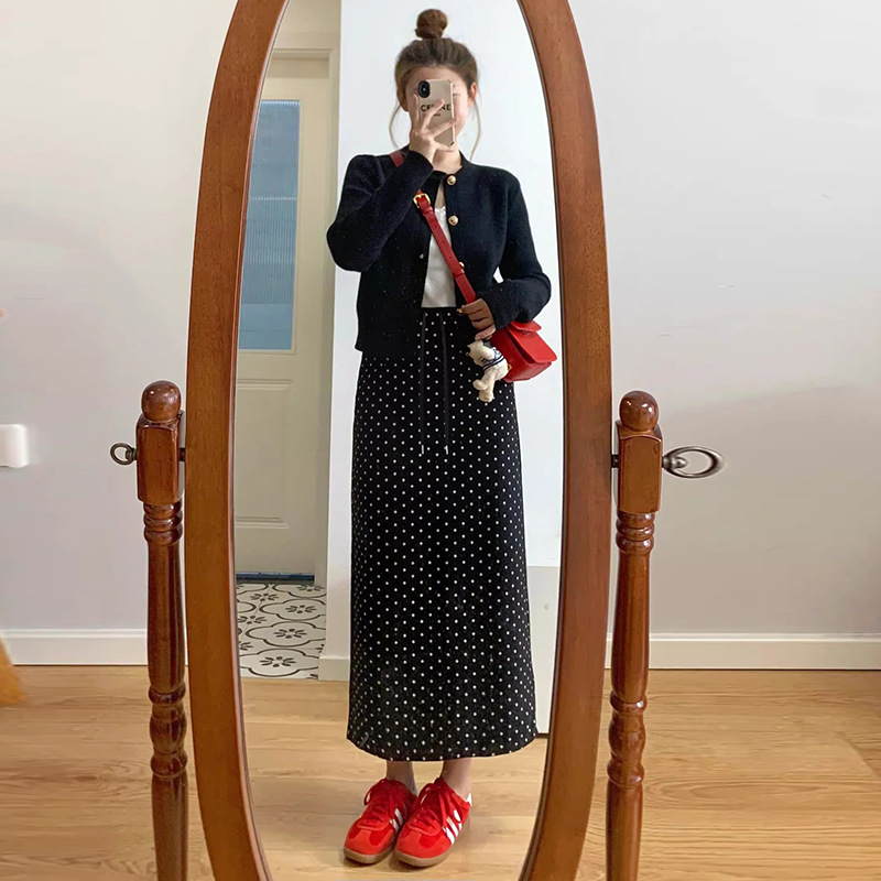 【單件/套裝】小香風黑色氣質針織開衫+波點半身裙兩件套