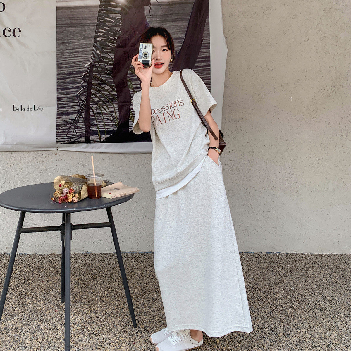 【整套】韓系休閒時尚百搭減齡短袖T恤+半身裙兩件套裝