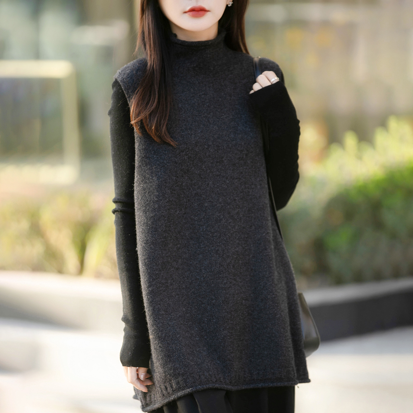 半高領中長版寬鬆背心坎肩羊毛針織馬甲