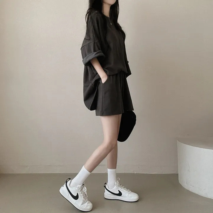 純棉韓版短袖T恤休閒短褲素色兩件套裝-HaloBless