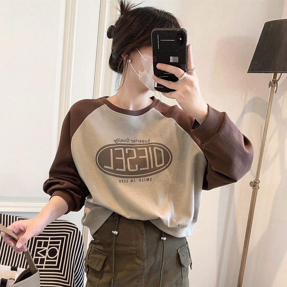 韓系拼色寬鬆正肩顯瘦長袖T恤