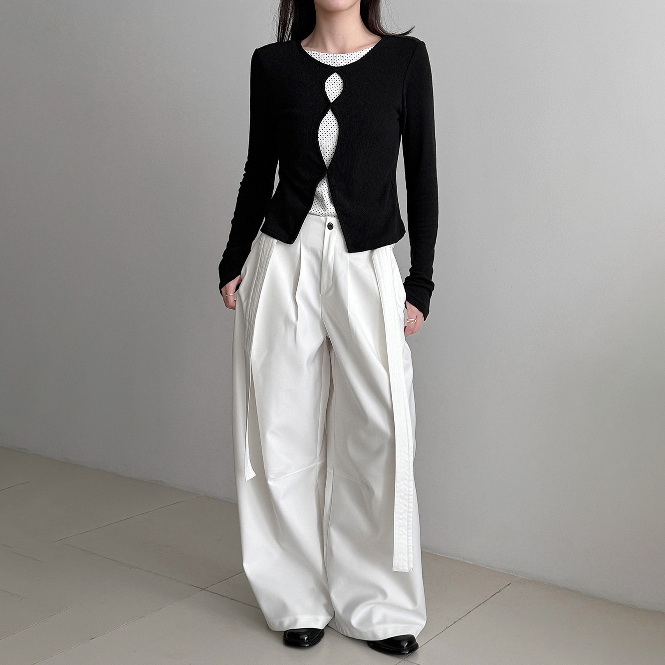 韓系設計感波點拼接鏤空假兩件修身顯瘦長袖T恤