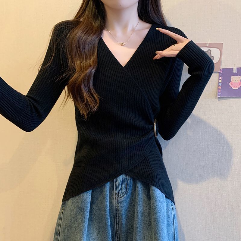 小香風v領坑條寬鬆顯瘦大碼長袖T恤