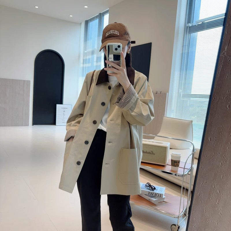 休閑高級感撞色中長款風衣寬鬆外套-HaloBless