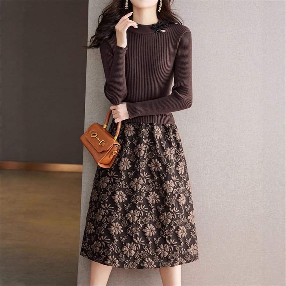 顯瘦過膝假兩件刺繡拼接針織洋裝