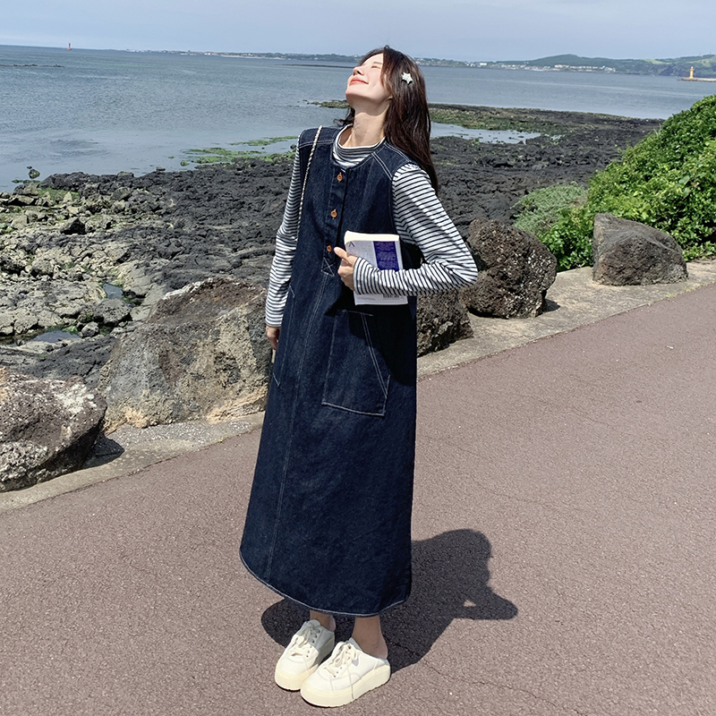 【單件/套裝】韓系條紋顯瘦上衣+復古牛仔背心洋裝兩件套-HaloBless