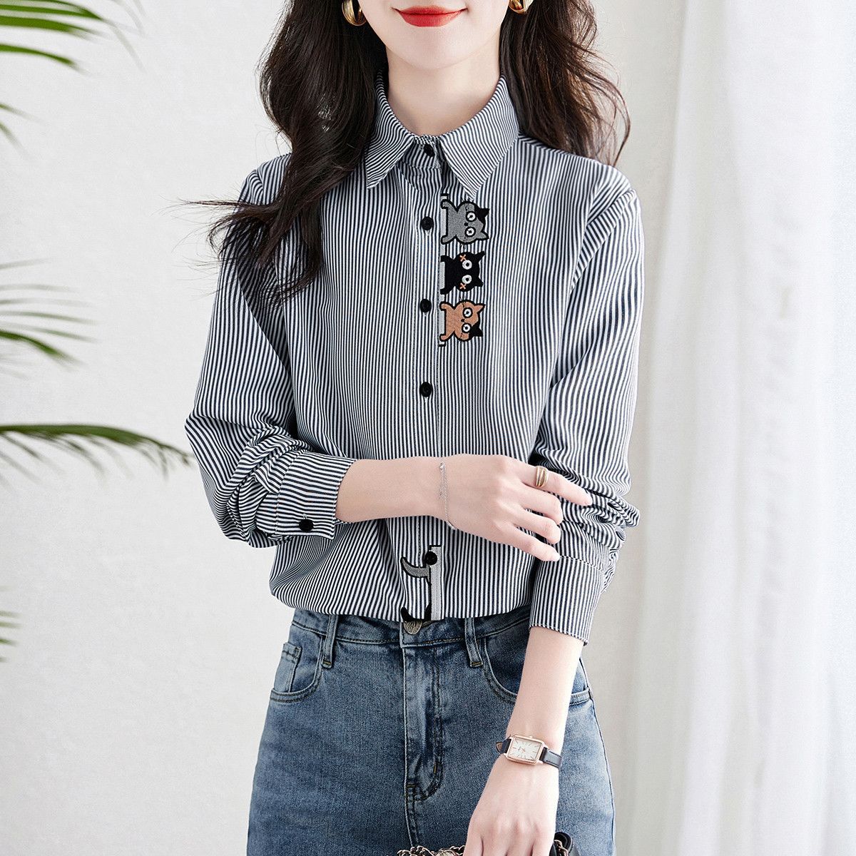 條紋翻領貓咪圖案刺繡通勤長袖氣質襯衫-HaloBless