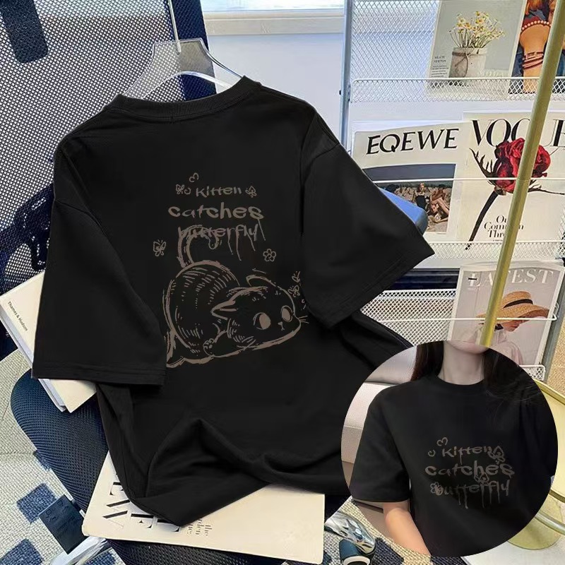 貓咪印花卡通可愛個性寬鬆透氣短袖T恤-HaloBless