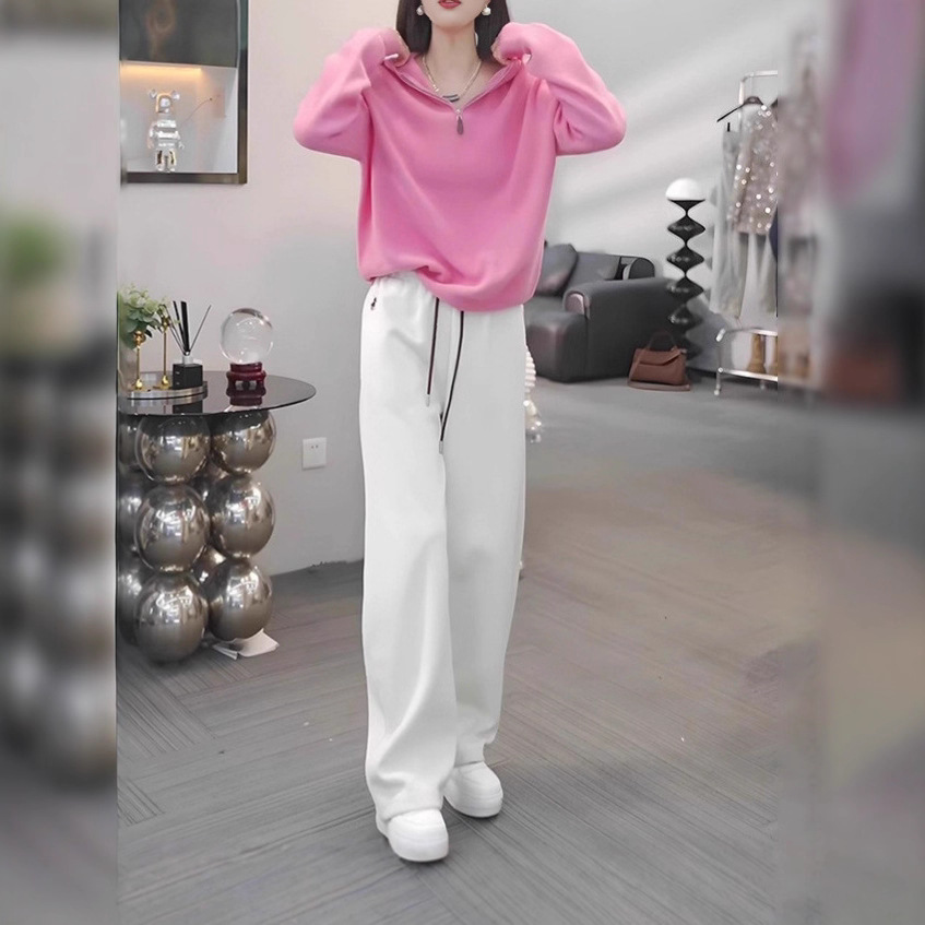 【整套】韓版寬鬆顯瘦粉色連帽長袖+休閒運動風簡約長褲兩件套