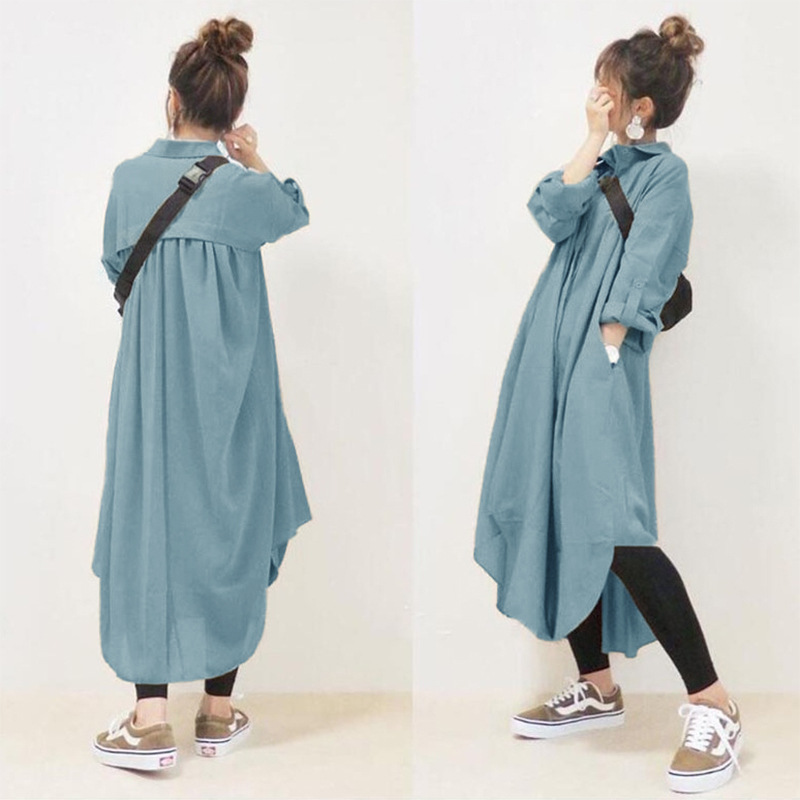 日系翻領長袖插袋簡約寬鬆長款棉麻襯衫連身裙-HaloBless
