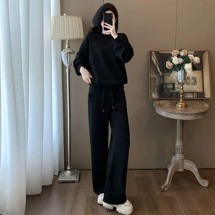 【整套】圓領時尚洋氣套頭長袖+運動休閒長褲兩件套