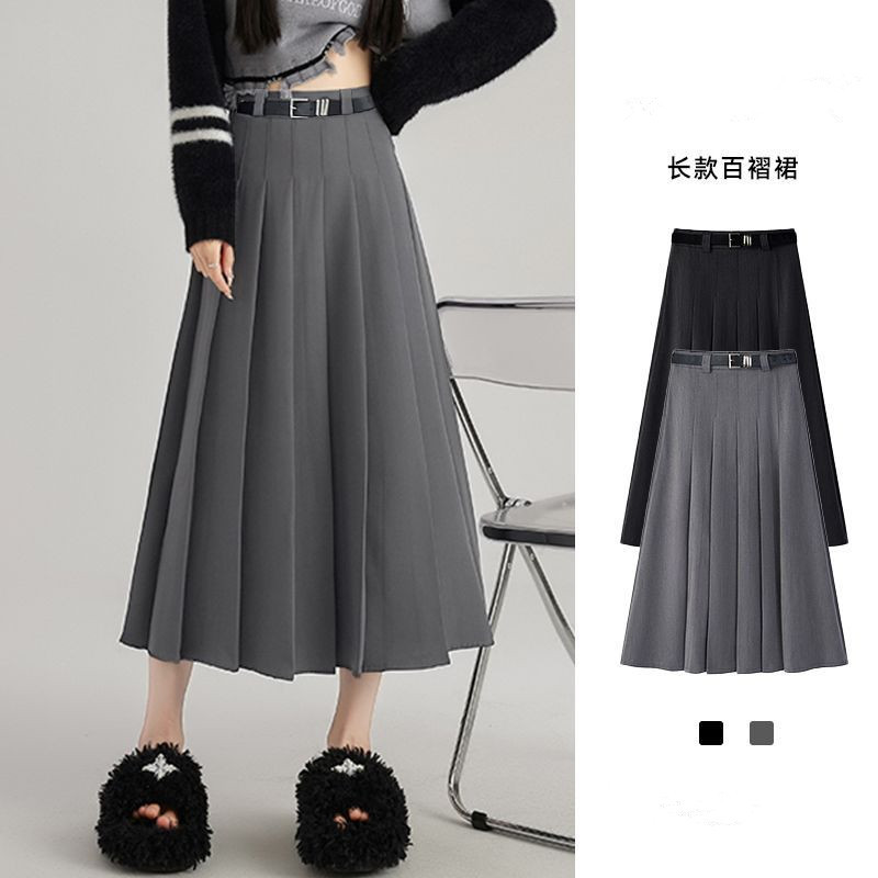 學院風高腰顯瘦A字西裝百褶中長款半身裙-HaloBless