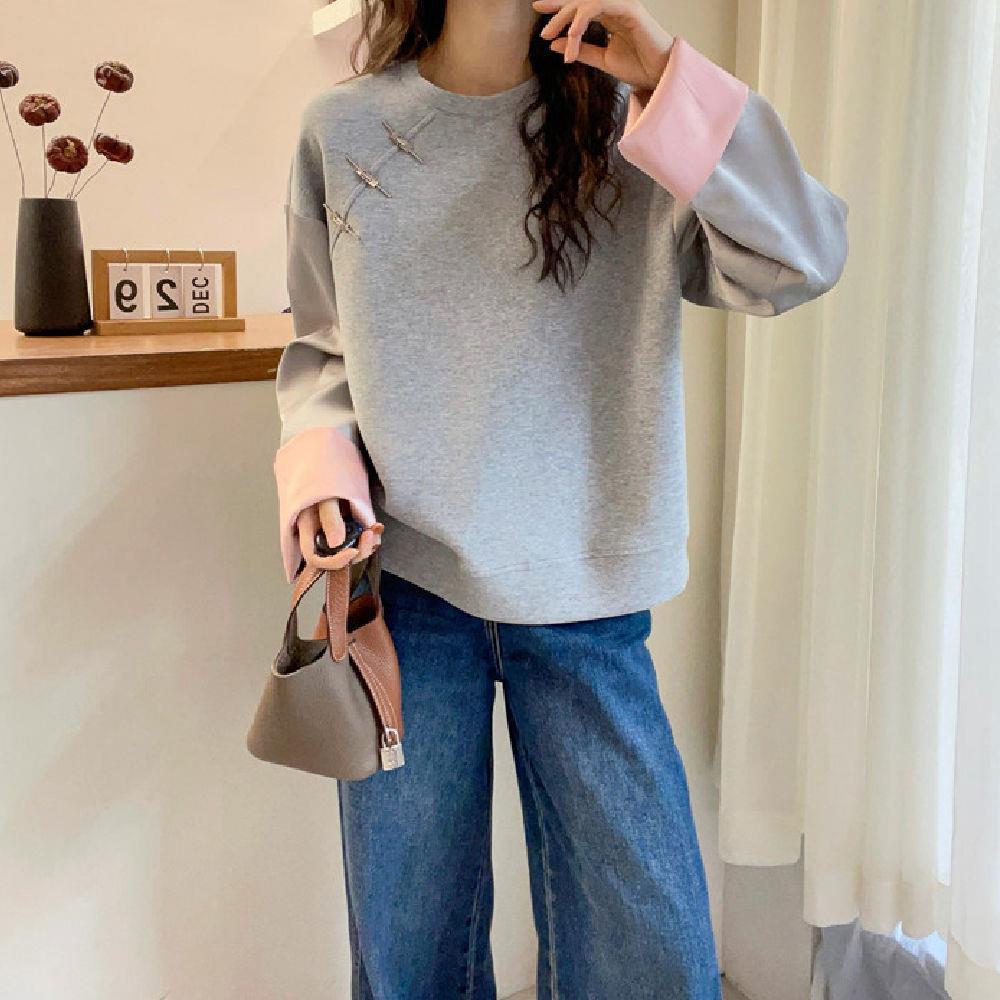 時尚拼接設計感圓領寬鬆休閒百搭長袖T恤-HaloBless