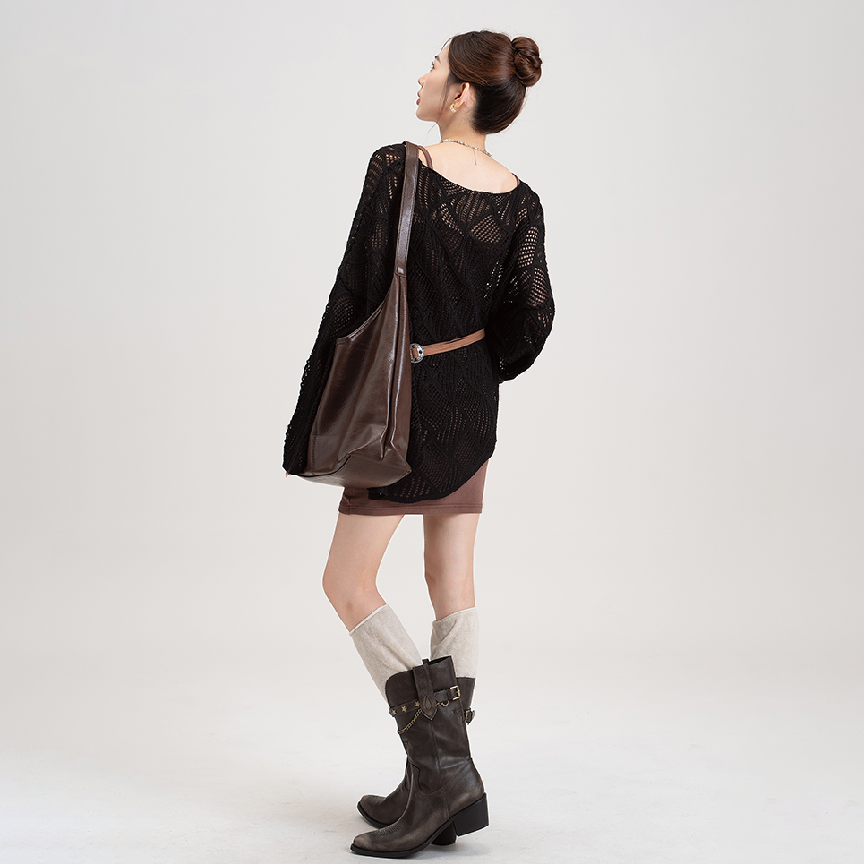 鏤空設計感純色菱形格慵懶風長袖針織罩衫-HaloBless