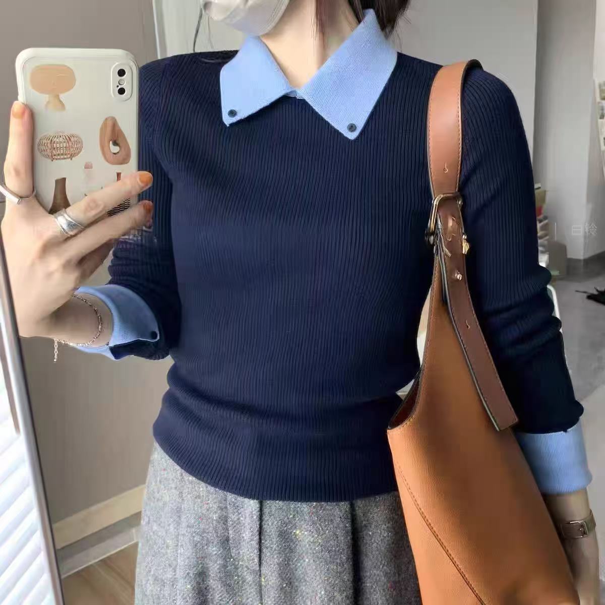 復古翻領拼接撞色內搭顯瘦修身針織毛衣