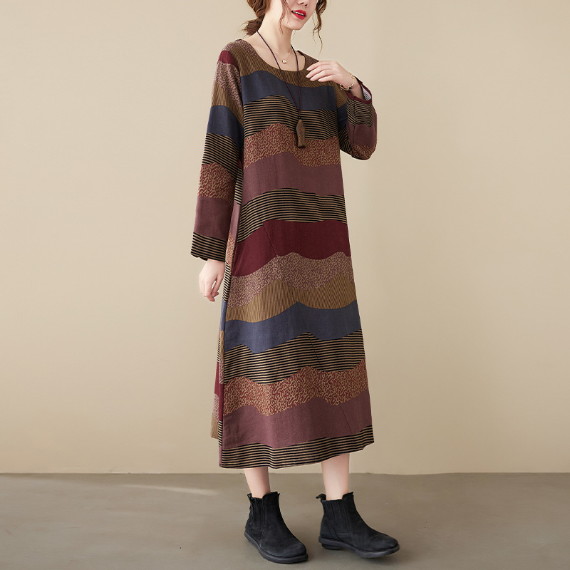 文藝洋氣復古亞麻條紋拼接棉麻洋裝-HaloBless