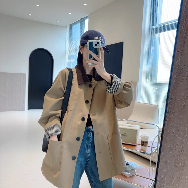 休閑高級感撞色中長款風衣寬鬆外套-HaloBless