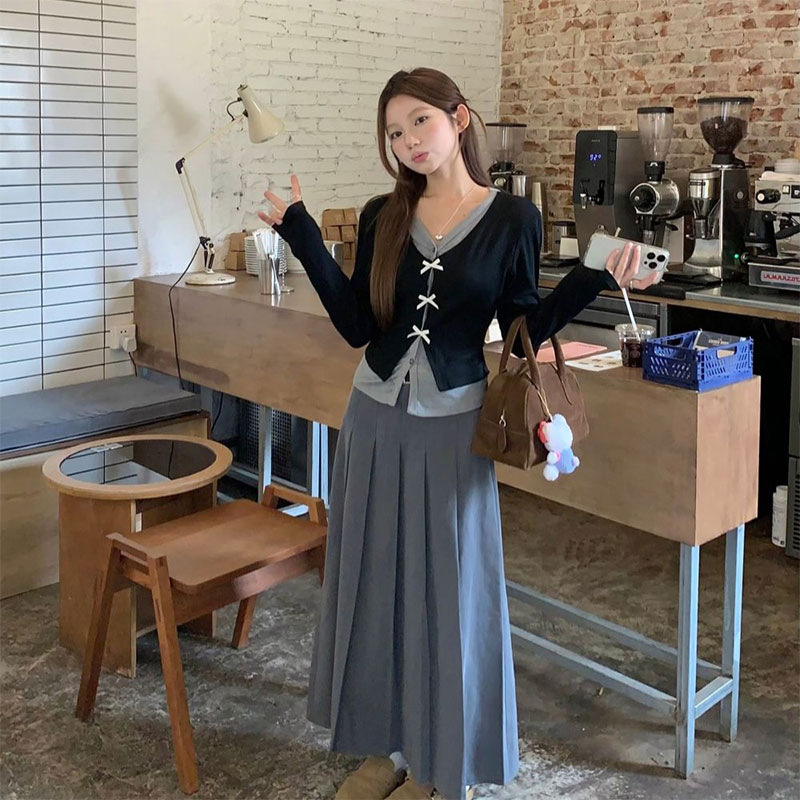 【單件/整套】撞色假兩件V領開衫百褶半身裙兩件套裝-HaloBless