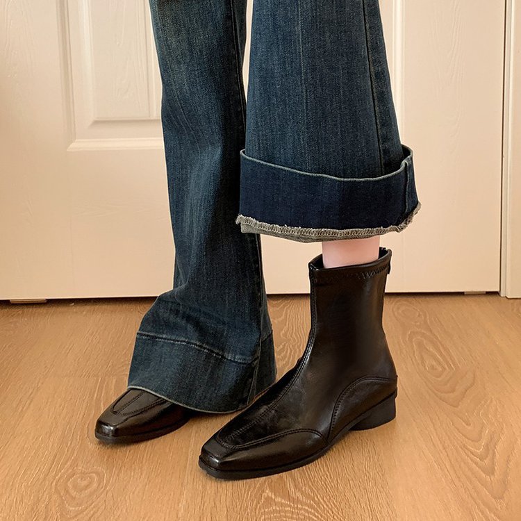 法式時尚短靴低跟平底方頭馬丁靴