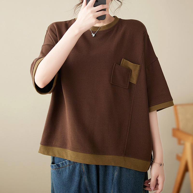 日韓寬鬆顯瘦設計感貼袋文藝撞色圓領中袖T恤
