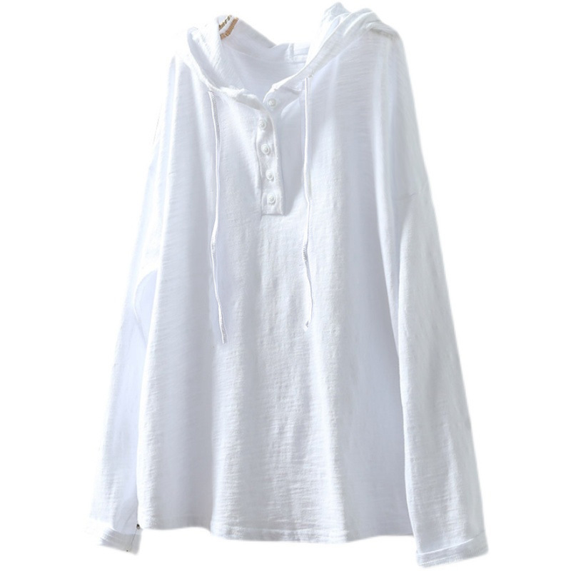 竹節棉連帽寬鬆休閑遮肉套頭長袖T恤-HaloBless