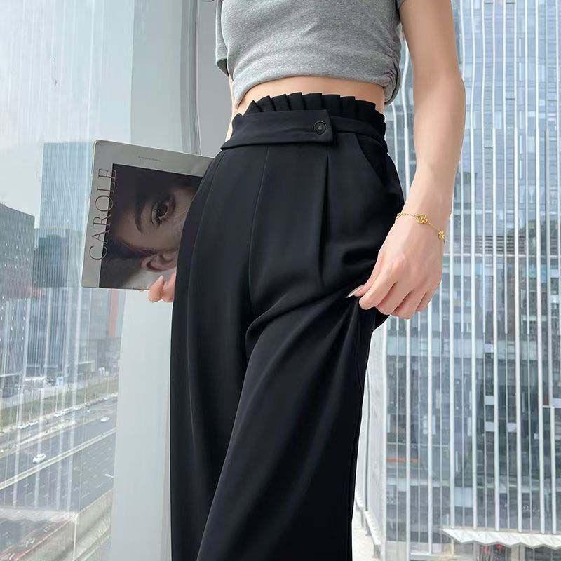 復古鬆弛感百搭高腰直筒垂感休閒闊腿褲-HaloBless