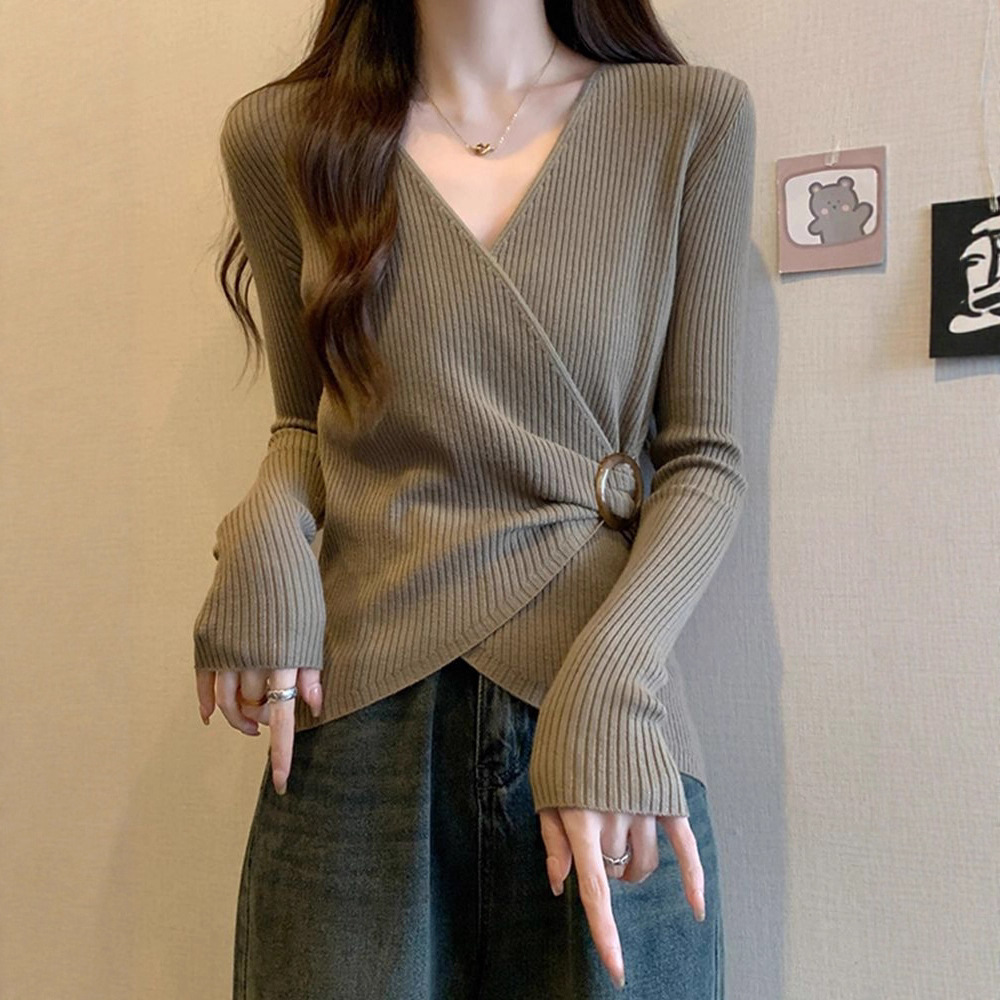 小香風v領坑條寬鬆顯瘦大碼長袖T恤