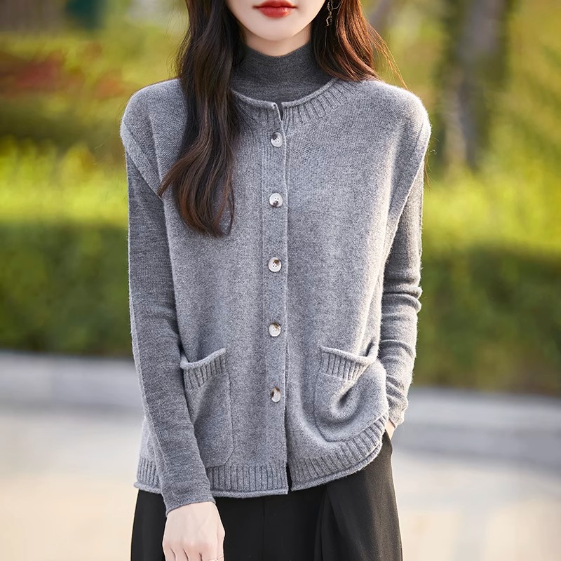 針織毛衣圓領疊穿系扣馬甲開衫