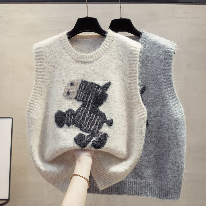 寬鬆疊穿肩圓領卡通圖案針織馬甲