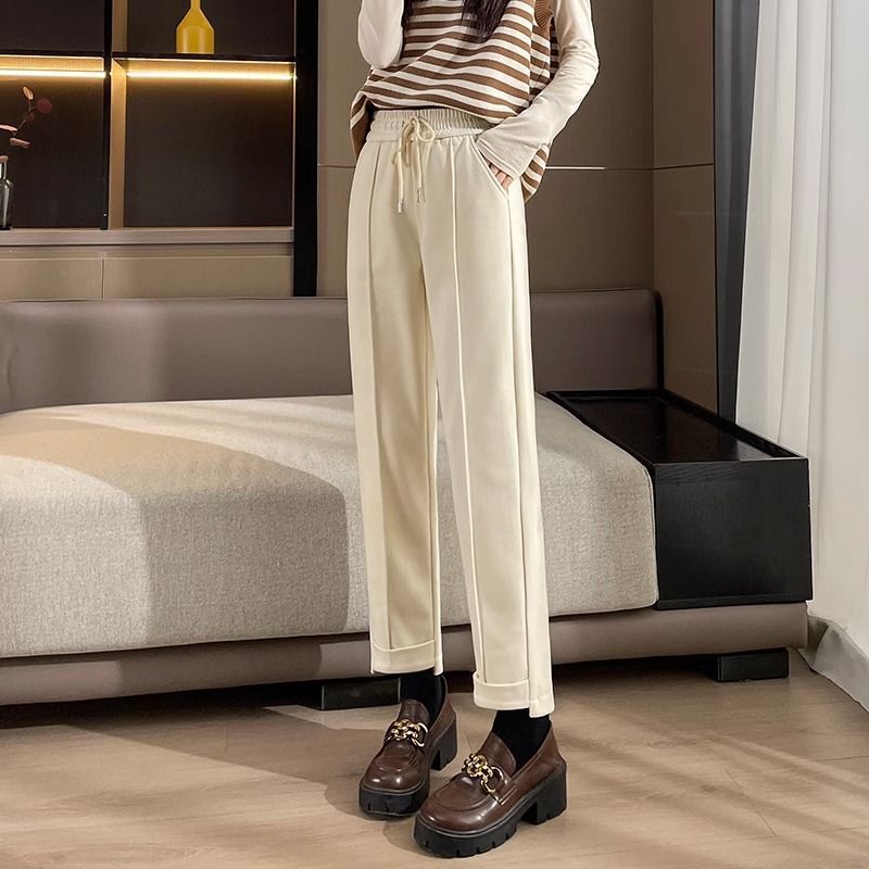 高腰顯瘦寬鬆刷毛加厚毛呢哈倫褲