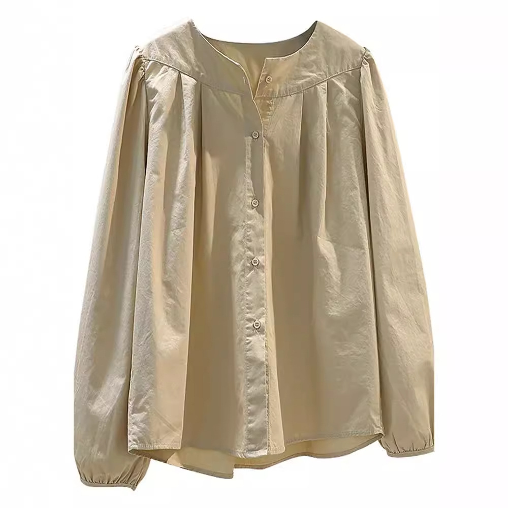 文藝范寬鬆圓領設計感燈籠袖褶皺襯衫-HaloBless