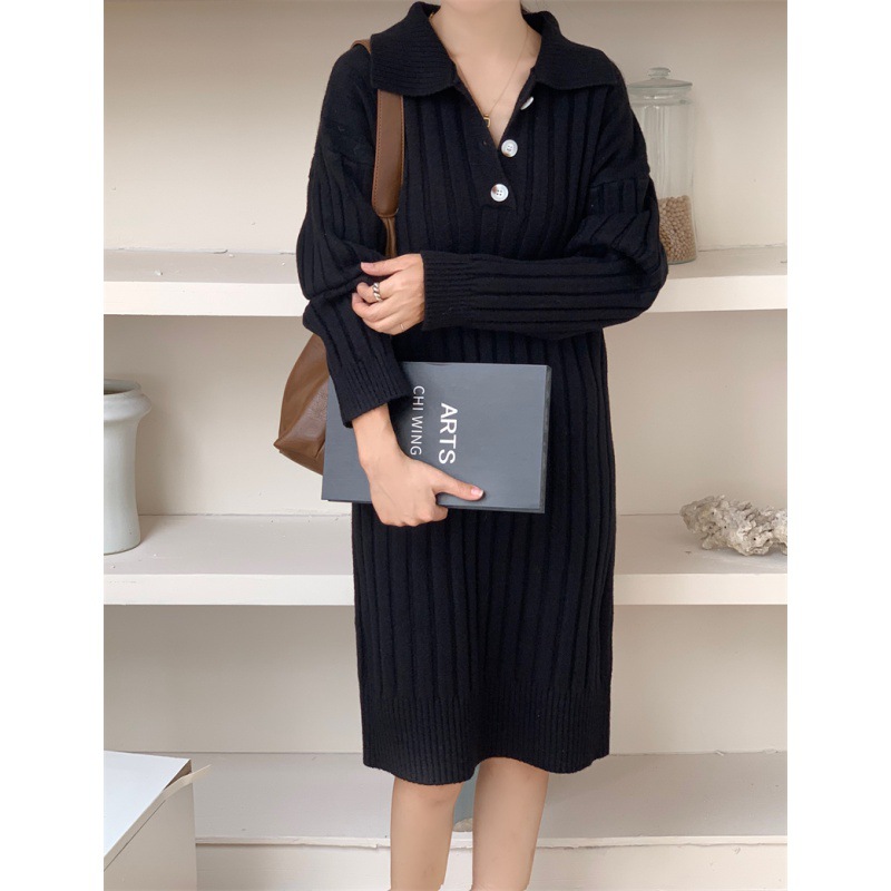 翻領寬鬆長袖內搭中長款打底過膝針織連身裙-HaloBless