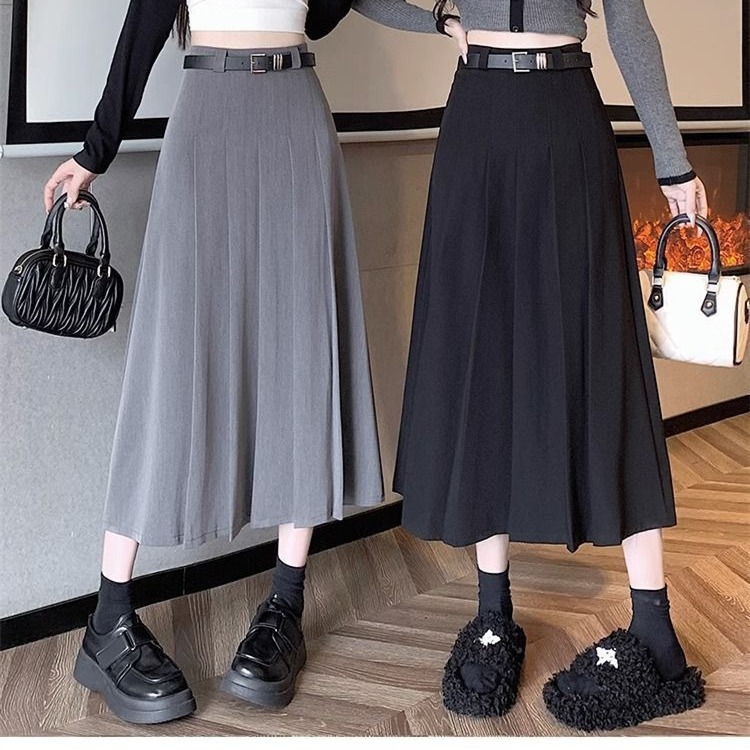 學院風高腰顯瘦A字西裝百褶中長款半身裙-HaloBless