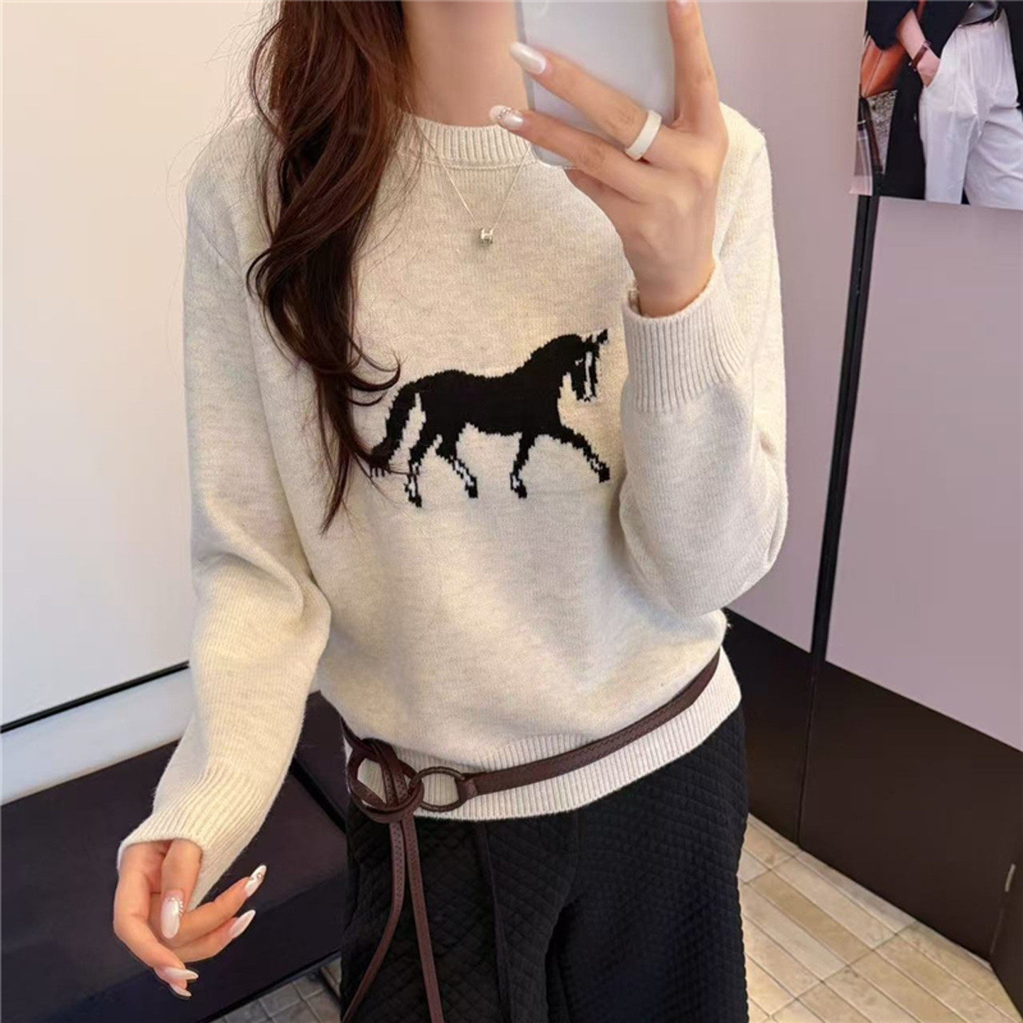 【限定款】卡通小馬提花減齡圓領針織衫