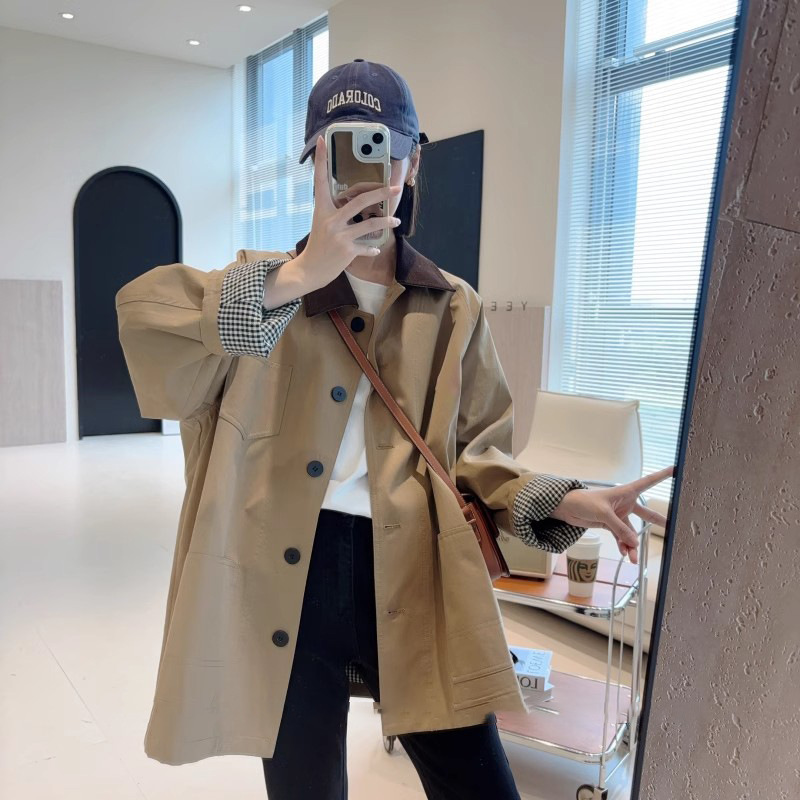 休閑高級感撞色中長款風衣寬鬆外套-HaloBless