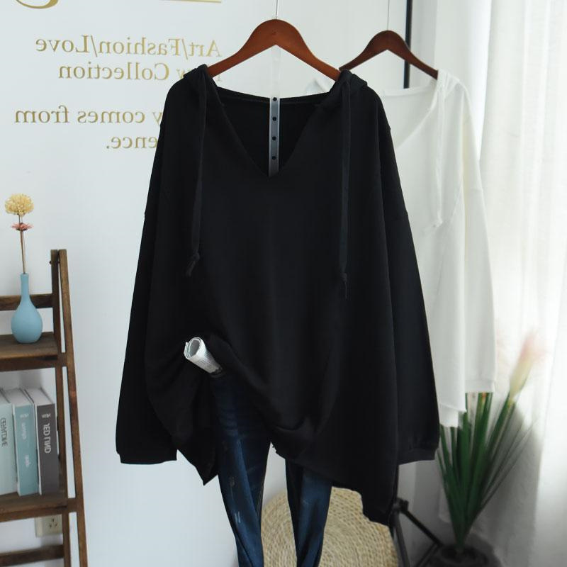 時尚休閒純色V領連帽寬鬆中長款長袖衛衣-HaloBless
