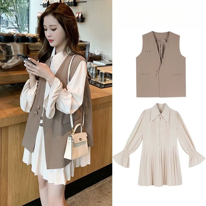 【單件/套裝】寬鬆馬甲+顯瘦洋氣襯衫百褶洋裝套裝-HaloBless
