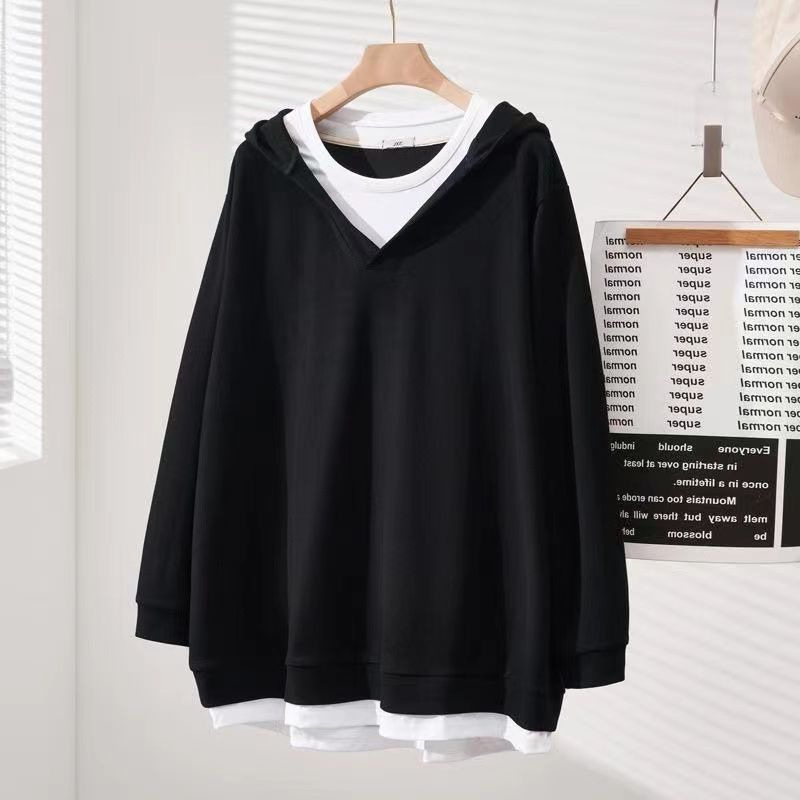 大碼寬鬆假兩件中長款百搭連帽長袖衛衣(6色)-HaloBless