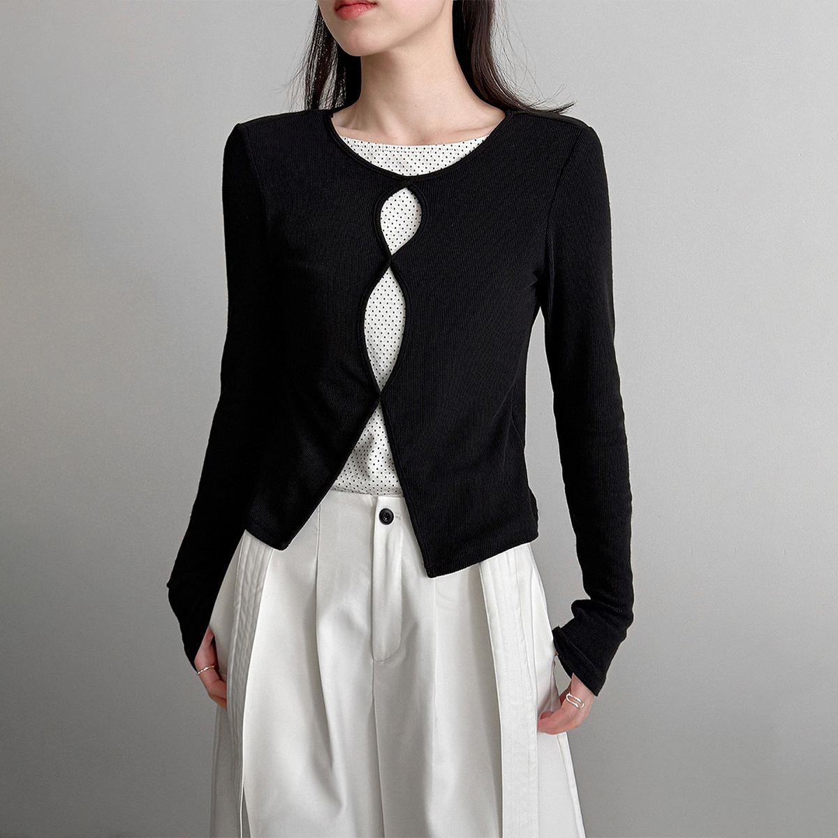 韓系設計感波點拼接鏤空假兩件修身顯瘦長袖T恤