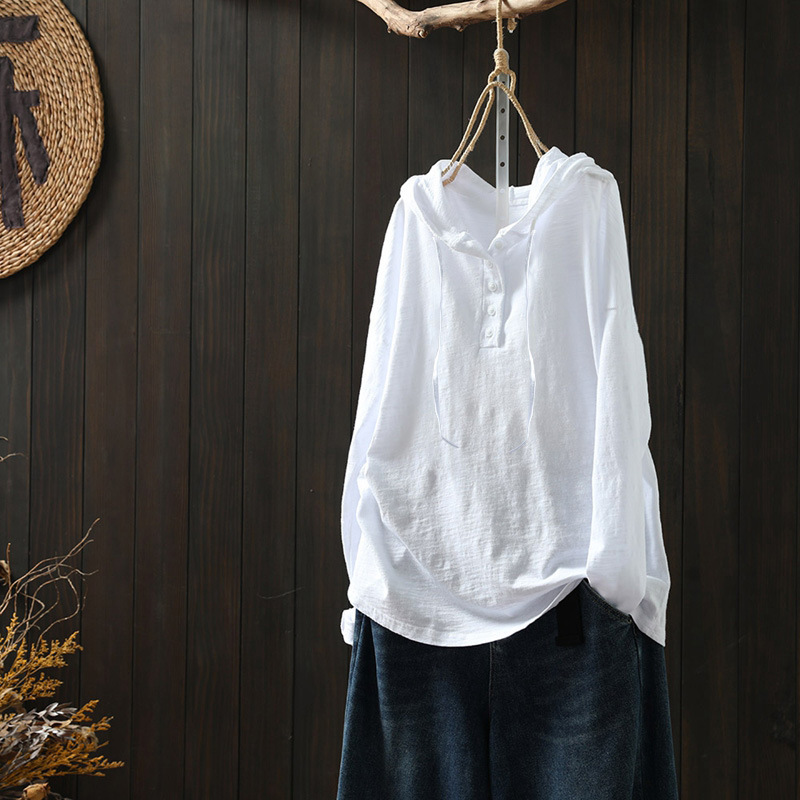 竹節棉連帽寬鬆休閑遮肉套頭長袖T恤-HaloBless