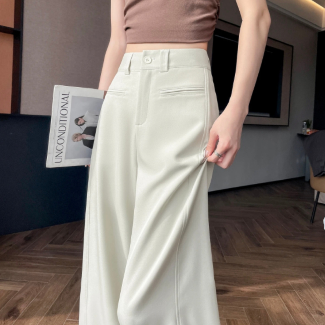 高腰顯瘦垂感高級感休閒西裝闊腿拖地褲-HaloBless