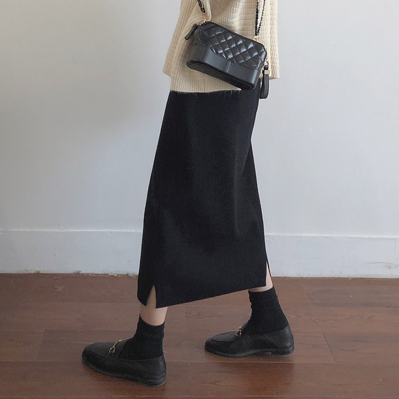 高腰直筒開叉中長款A字裙針織半身裙-HaloBless