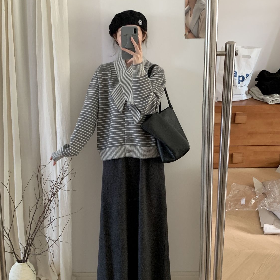 【單件/套裝】韓系復古高級感條紋寬鬆針織衫毛衣+圍巾+高腰半身裙三件套