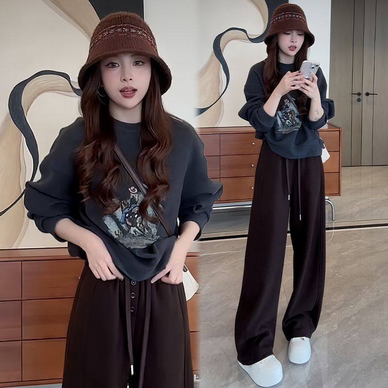 【單件/套裝】時髦印花圓領長袖+闊腿褲兩件套裝