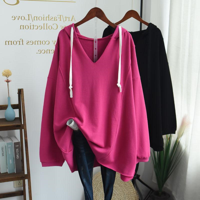 時尚休閒純色V領連帽寬鬆中長款長袖衛衣-HaloBless
